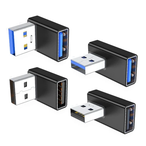 AreMe 90 Degree USB 3.0 Adapter 4 Pack, Up and Down Angle, Left and Right Angle USB A Male to Female Converter Extender for PC, Laptop, USB A Charger, Power Bank and More (Black)