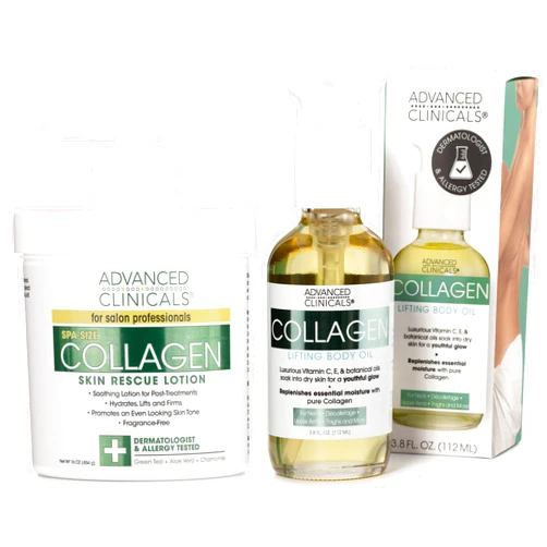 Advanced Clinicals Collagen Body Oil + Collagen Cream Body Lotion & Face Cream Beauty Skin Care 2PC Bundle – Tighten, Firm, & Hydrate Moisturizer Set For Scars, Wrinkles, Crepey Skin, & Stretch Marks