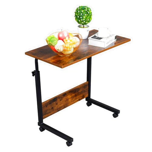 Karl home Mobile Side Table 31.5 Inch Computer Desk with Wheels Height Adjustable Rolling Potable Laptop Cart, C-Shaped Bed Couch End Tables with Edge Stopper for Livingroom Bedroom, Rustic Brown