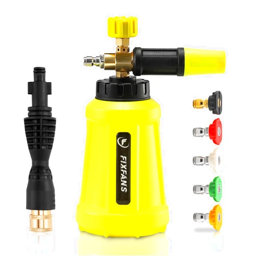 FIXFANS Foam Cannon, Wide Neck Snow Foam Lance with Replacement Adapter for Portland Husky and Ryobi Pressure Washer, Heavy Duty Power Washer Foam Blaster with 1/4 Inch Quick Connector, 5 Nozzle Tips