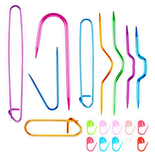 Mozeat Lens 9 Pcs Aluminum Stitch Holders for Knitting Cable Needles with Stitch Markers, Safety Pin Brooch Weaving Sweater Knitting Stitch Holder Tool Bent Tapestry Needles for Yarn Sewing Knitting