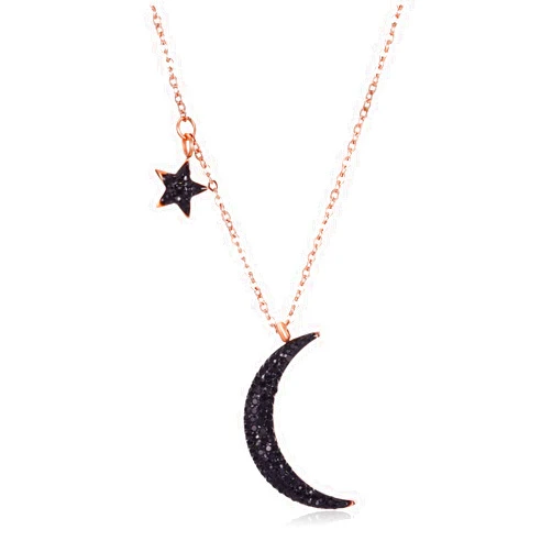 TEMICO Rose Gold Plated Stainless Steel Black Crystal Cubic Zirconia Star Moon Crescent Pendant Necklace for Women