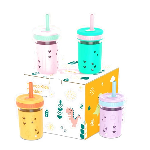 Tronco Glass Mason Jar Sippy Cups for Toddlers, 8 oz Kids Smoothie Cups with Straws and Silicone Sleeves, Spill Proof, BPA-Free