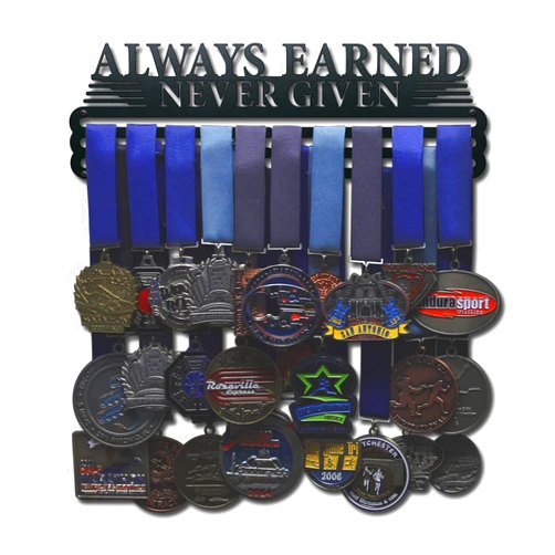Allied Medal Hangers – Always Earned Never Given (Compact) - Black Powder Coat - (12” Wide with 3 Hang Bars) - Medal Hanger Holder Display Rack
