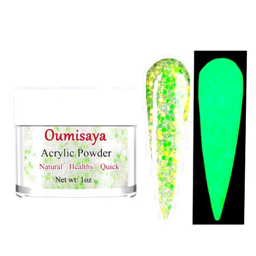 Oumisaya Glow in the dark Glitter Nail Acrylic Powder Green Color 1OZ (APG020)