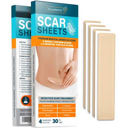 NUVADERMIS Silicone Scar Sheets - Extra Long Scar Sheets for C-Section, Tummy Tuck, Keloid, and Surgical Scars - Reusable Medical Grade Silicone Scar Sheets - Pack of 4 - Light Tone