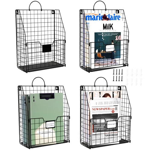 DILIBRA 4 Packs Hanging Wall File Organizer, Foldable Wall Magazine File Holder with Handle and Tag Slot, Metal Wall Mounted Mail Organizer Rack Folder Holder for Document Office Door Home Black
