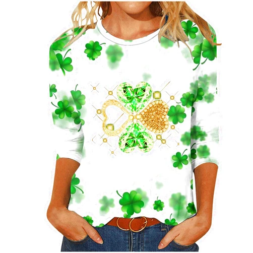 ZDRZK St Patricks Day Shirt Women Shamrock Clover Lucky St. Patrick's Day Blouses 3/4 Length Sleeve Crewneck Fashion Tops