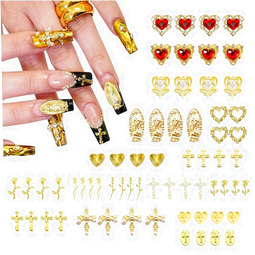 Rythsans 64pcs Gold Nail Charms Set with Gold Cross, Hearts, Rose, and Virgin Mary - Y2K 3D Chrome Nail Decorations