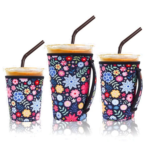 Yazabai 3 Pack Iced Coffee Sleeve Insulator Sleeves for Cold Drinks Beverages Reusable Neoprene Cup Sleeve with Handle Cup Holder for Starbucks Coffee, Dunkin Coffee, More (Black flower)