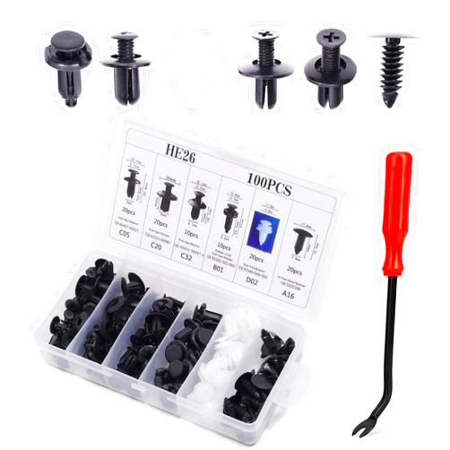 Carewal 100 PCS Bumper Retainer Clips Car Rivets Fasteners Retainer Kit and 1 Fastener Removers Most Popular Sizes Auto Push Pin Rivets Set -Door Trim Panel Fender Clips for Most Models