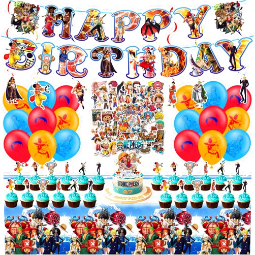 Signreen 98pcs Anime Birthday Party Supplies, Party Decorations Include Stickers, Birthday Banner, Cake Toppers, Tablecloth, Latex Balloons for Kids
