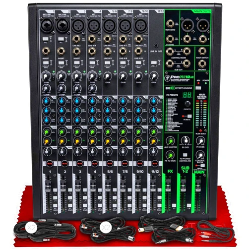 Mackie ProFX12v3 12-Channel Sound Reinforcement Mixer with Built-In FX + Basic XLR/USB/TS/TRS/RCA Cables Bundle & Fibertique Microfiber Cleaning Cloth