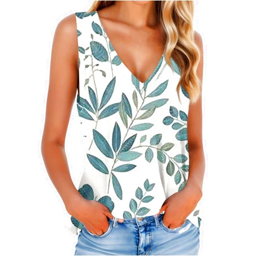 Generic Summer Tank Tops for Women Printed Beach Outfits T Shirt Sleeveless Tees Tops Casual Tank Tops Loose Fit Blouses