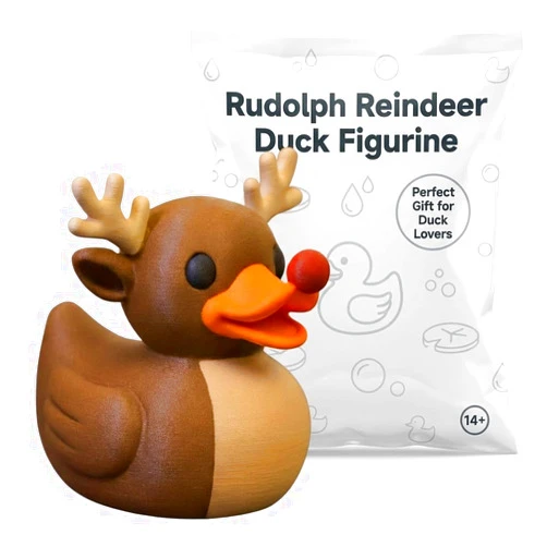 Generic Rudolph Reindeer Duck Figurine | Charming Brown & Orange Collectible | Unique Desk Decor | Festive Holiday Shelf Display | Adorable Antler Design - 3D Printed in Canada
