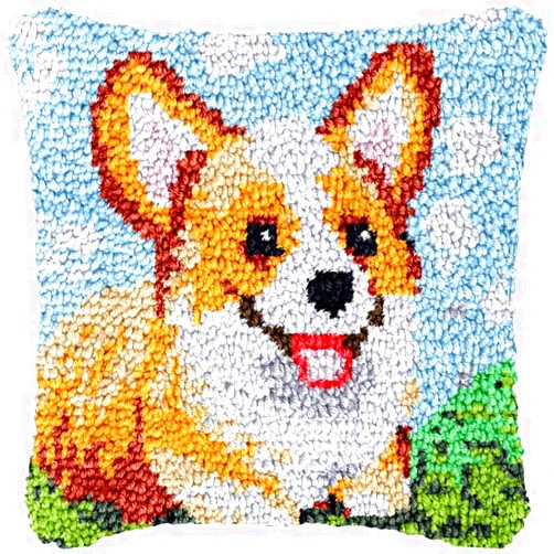 Generic Corgi Dog Latch Hook Pillowcase Kits for Adults and Starter DIY Cushion Cross Stitch Latch Hook Rug Kits with Preprinted Canvas Crochet Yarn Kits Needlework Crafts 17'' X 17''
