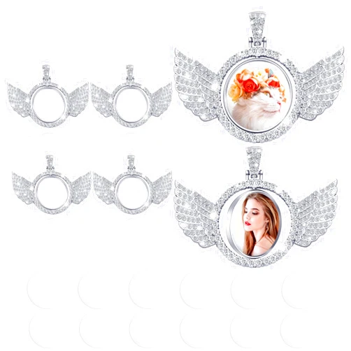 Junkin 18 Pieces Sublimation Rhinestone Wing Bezel Pendant Trays Set Including 6 Double Sided Rhinestone Trays Pendant Charms with 12 Sublimation Blank Discs for Jewelry Making