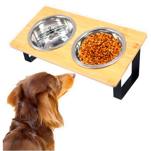 SZSFSYYX Stand-Up Tilted Bamboo Table & Metal Elevated Dog Bowls - 2 Stainless Steel Bowls for Food or Water Included, Elevated pet Feeder Perfect for Small Dogs, Cats, Medium Pets