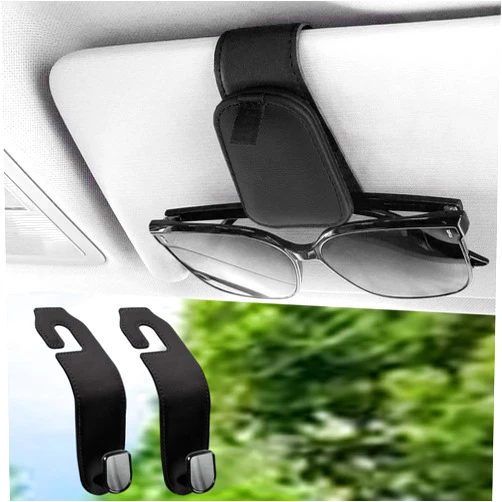 Teoenix Sunglass Holder for Car 1 Pack & Car Seat Headrest Hook for Purses and Bags 2 Pack Leather Bundle Combo Set for Car Accessories Organizers and Storage, Black