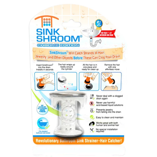 SinkShroom Revolutionary Bathroom Sink Drain Protector Hair Catcher, Strainer, Snare, Sinkshroom Chrome Edition, 1