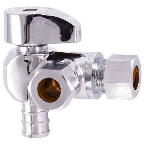 SharkBite 1/2 x 3/8 x 3/8 Inch OD Compression Angle Stop Valve, Dual Outlet, Quarter Turn, PEX Pipe, PE-RT, 23066LF
