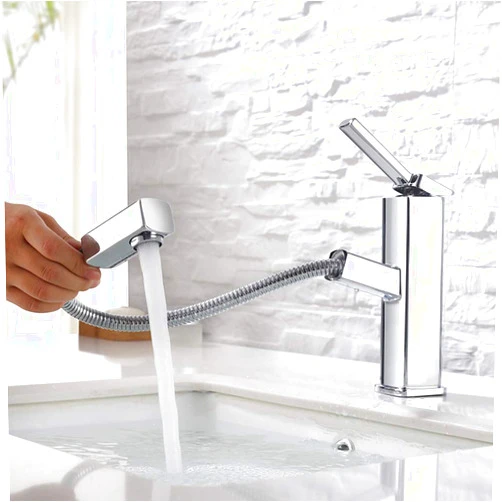 KAIYING Bathroom Sink Faucet with Pull Out Sprayer, Single Handle Basin Mixer Tap for Hot and Cold Water, Lavatory Pull Down Sink Faucet with Rotating Spout (Regular, Chrome)