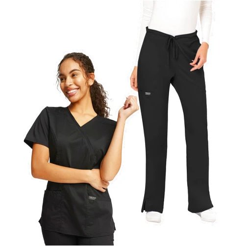 Cherokee Scrub Set for Women Modern Classic Fit Mock Wrap Top WW610 with Mid Rise Moderate Flare Drawstring Pant-WW120, Black- M Top/M Pant