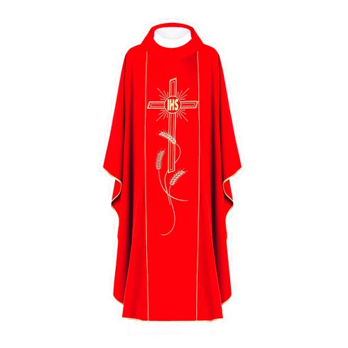 Church Atelier Chasuble Embroidered with IHS Symbol Cross and Wheat Red Vestment