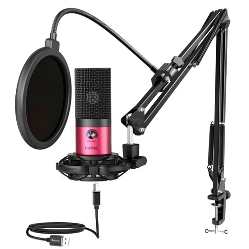 FIFINE Podcast Microphone Kit-USB PC Computer Recording Microphone, Condenser Mic Set for Streaming, Gaming, Voice-Over, Meeting, with Arm Stand, Shock Mount, Pop Filter-T669 Rose Red