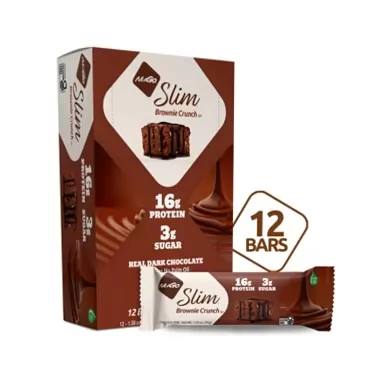 NuGo Slim Dark Chocolate Brownie Crunch, 16g Protein, 3g Sugar, 7g Fiber, 180 Calories, Low Net Carbs, Gluten Free, 12 Count