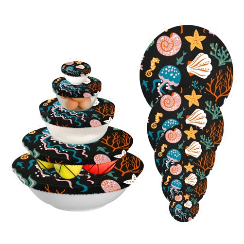 Lhammer Bowl Cover Undersea Outopus Food Storage Covers Reusable in 5 Size Corals Seashells Fabric Dish Lids for Kitchen Decor Containers Fruits Leftover Dough Bread Proofing