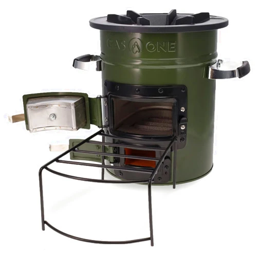 Gas One GasOne Premium Wood Burning Rocket Stove Camping for Backpacking, Hiking, RV and Survival - Insulated Barrel Stove Kit with Silicone Handles – Military Green
