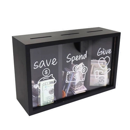 Mczxon Wooden Give Save Spend Money Saving Box for Kids, Money Coin Savings Piggy Bank Jar Box for Kid Safe Money Saver, Teach Children About Giving Saving Giving Money Piggy Box for Boys Girls, Black