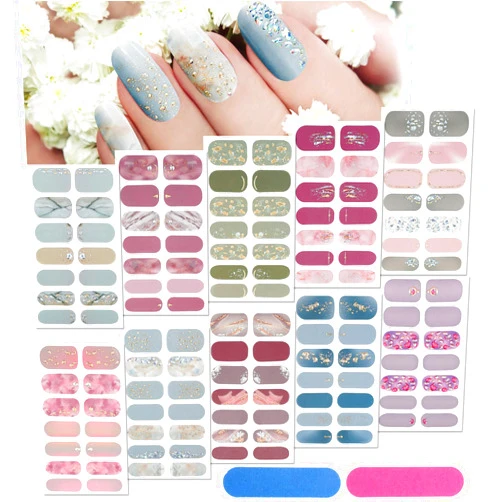 Maitys 140 Pcs 10 Sheets Full Wrap Nail Stickers Nail Polish Strips Gradient Stickers Glitter Self Adhesive DIY Art Decals Strips with 2 Pcs Nail Files for Holiday Nail Decor (Classic Style)