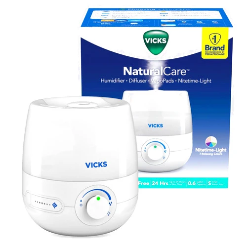 Vicks NaturalCare Cool Mist Ultrasonic Humidifier, Small Room Humidifier for Bedroom, Diffuser with Nighttime Light, Works with Vicks VapoPads, White