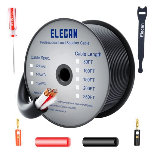 Elecan Pro Series 12/2 Outdoor Speaker Wire Cable 50 Ft 12 Gauge AWG with Tool Kits-Direct Burial in Wall CL3 CL2 Rated-PVC Jacket&Film&Cotton for Home Theater,Car Audio Speaker,Stereos-Black