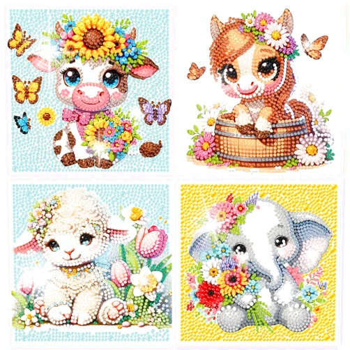 cdjlddww 4 Pack 5D Animals Diamond Painting Kits for Kids- Crystal Diamond Art for Adults Kids, DIY Full Drill Animal Family Gem Art Picture, Adults Gem Dot Crafts for Home Wall Decor 6x6 inch