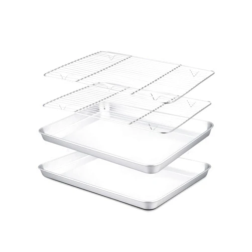 TeamFar 10.5’’ x 8’’ x 1’’ Toaster Oven Pan with Rack Set, Small Baking Pans Tray Stainless Steel with Cooling Rack Set of 4, Non-Toxic & Heavy Duty, Mirror Finish & Dishwasher Safe