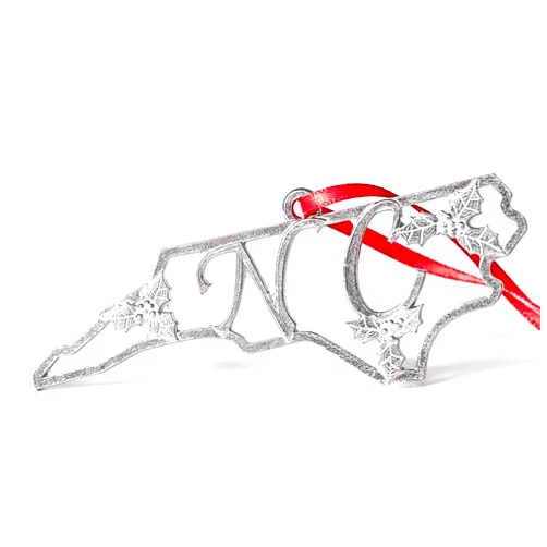 House of Morgan PEWTER House of Morgan Petwer - Handmade North Carolina Gift - NC Holly State Outline Christmas Ornament - USA Travel Souvenirs