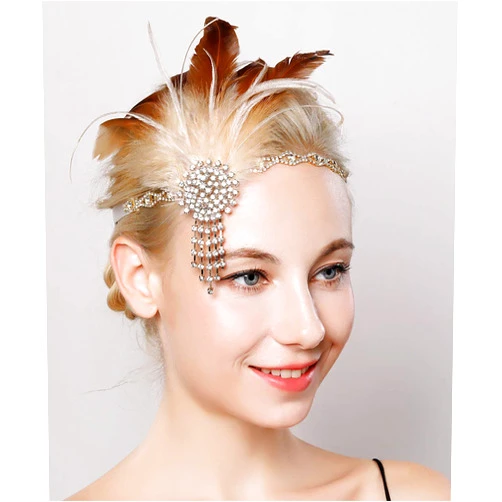 Anglacesmade Bridal 1920s Flapper Feather Headband with Crystal Chain Tassel Rhinestone Headband Feather Roaring 20s Headpiece Prom Party Festival Hair Jewelry for Women and Girls