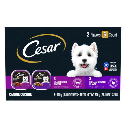 CESAR Soft Wet Dog Food Classic Loaf in Sauce Filet Mignon and Grilled Chicken Variety Pack, (6) 3.5 oz. Easy Peel Trays
