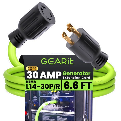 GEARit 30-Amp Generator Extension Cord, 120/250-Volt, 4-Prong, 7500W, NEMA L14-30P/L L14-30R, 10 Gauge SJTW Locking Power Cord for Manual Transfer Switch, Portable Generator, Power Outage, 6 Ft, Green