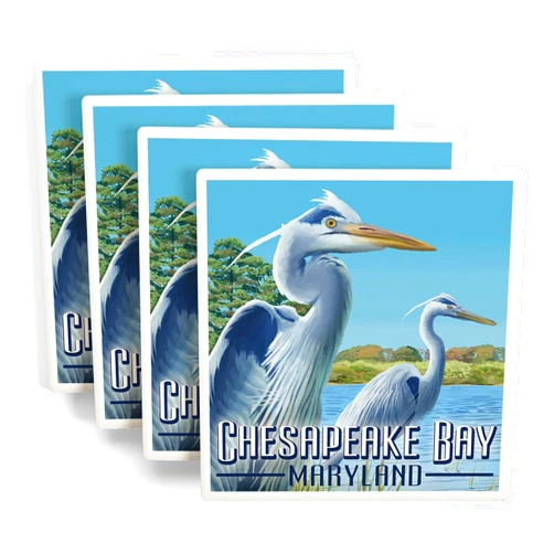 Lantern Press Chesapeake Bay, Maryland, Blue Heron (Absorbent Ceramic Coasters Set of 4 Matching Images, Cork Back, Kitchen Table Decor)