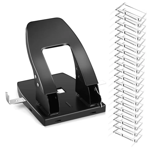 MOJIEZUO 2 Hole Paper Punch with 100 Paper Fasteners, 30 Sheets Capacity,Paper Punches for File Holder, Paper Two Hole Puncher and 2 Inch Metal Prong Fasteners Combo Set, Jam Resistant