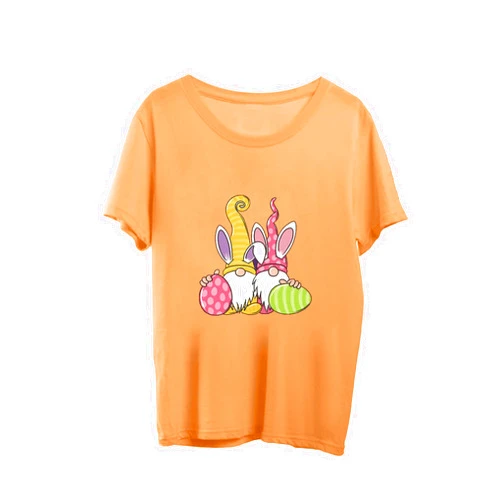 OMZIN Women Easter Day Gnome Patterned Cute Print Tshirts Trendy Working Tees Cotton Plus Size Tops