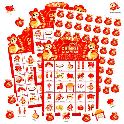 Liliful 35 Pcs Chinese New Year Bingo Games 24 Players Lunar New Year Bingo Cards 2025 Year of The Snake Party Games for Family Classroom Activities Spring Festival Party Favors Supplies(Snake)