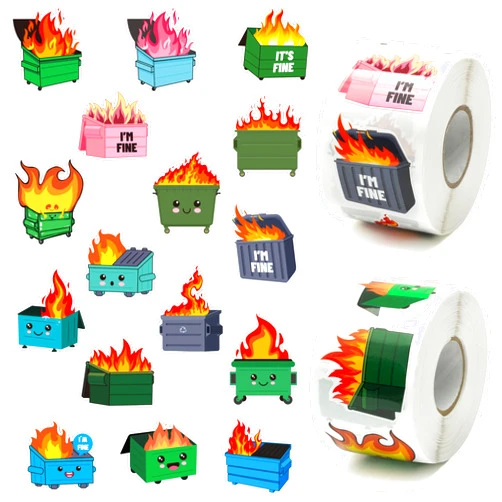 Andi Cppss 1000PCS Dumpster Fire Roll Stickers, Dumpster Aesthetic Stickers for Water Bottle, Dumpster Carton Decals for Laptop, Dumpster Carton Stickers for Luggage, Skateboard, Scrapbooking