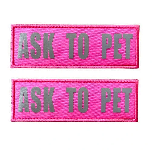 JUJUPUPS Pink Reflective Dog Patches 2 Pack Service Dog ，in Training， DO NOT PET, Tags with Hook and Loop Patches for Vests and Harnesses (ASK to PET, 5x1.5 inch)