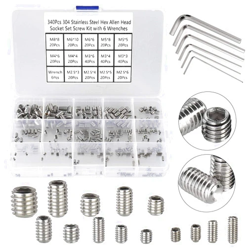 HanTof 340Pcs M2.5, M3, M4, M5, M6, M8 Metric Hex Socket Head Cup Point Set Screws, Allen Head Grub Screw, Internal Hex Drive Headless Set Screw Assortment Kit with 6 Hex Wrenches, 304 Stainless Steel