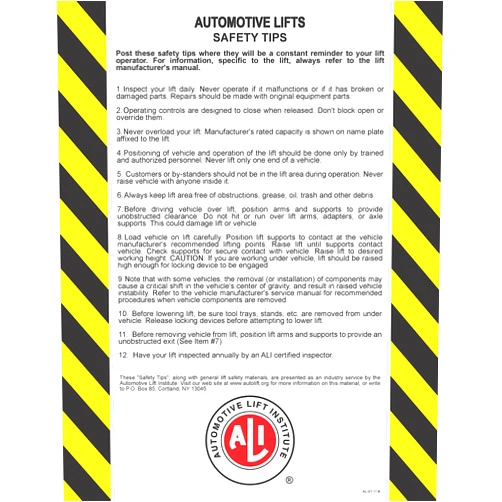 Automotive Lift Institute Automotive Lift Safety Tips Cards (10 Pack)